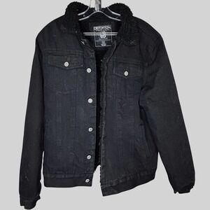 Distortion Men Medium Black Sherpa Lined Denim Trucker Jacket Black